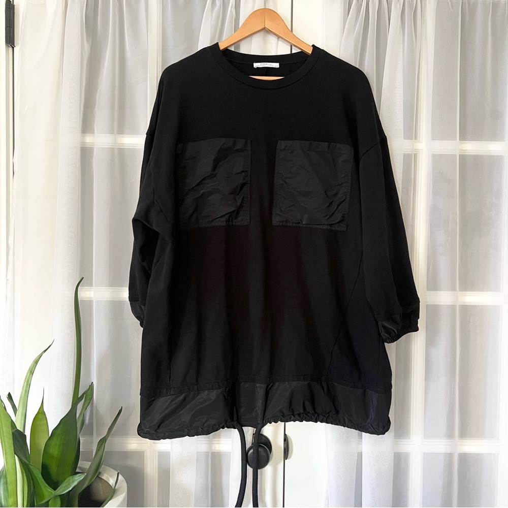 ZARA Black Double Chest Pockets Cotton Knit Dress with Drawstring Hem Size Small